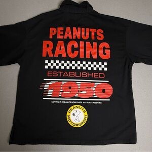 Peanuts Snoopy Motorsports Racing Black Button Down Short Sleeve Shirt Medium M